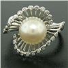 Image 3 : Vintage 14K White Gold 8.5mm Pearl Bezel Diamond 2 Wave Bypass Cocktail Ring