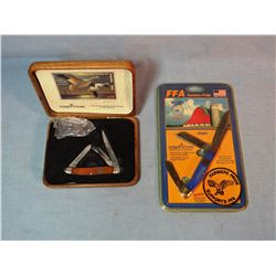 Schrade 2003 and 04 Fed. Duck Stamp pocket knife and money clip, in wood case and FFA Comm. Pocket k