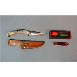 Silver Stag 5" hunting knife w/scrimshawed antler handle by Michelle Severe, 2002; and Keen Kutter p