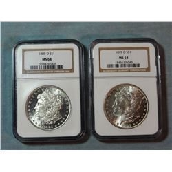 2 Morgan dollars, 1885-O and 1899-O, bogth NGC 64