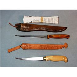 2 fish filet knives, Leech Lake Knife Co, Iowa and Finland -made, both w/6" blades, new