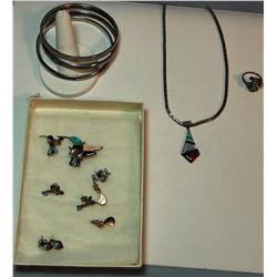 Turquoise, coral and mother of pearl bracelet and assorted earrings and pins