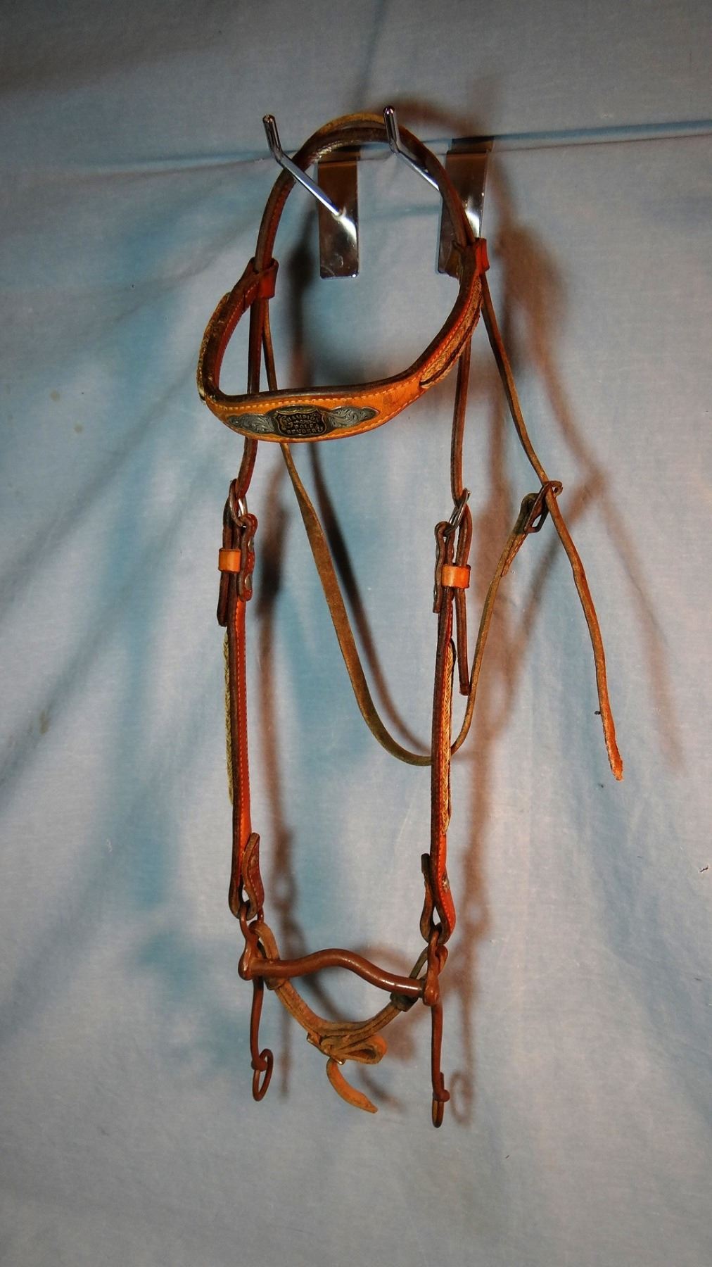 Trophy headstall, Champion Pole Bender, sterling silver on braided