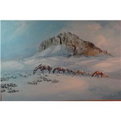 Cuts the Rope, Clarence, (1935-2000) oil on canvas,  Horses-Winter Grazing, 1979, 24" h x 36" w, sig