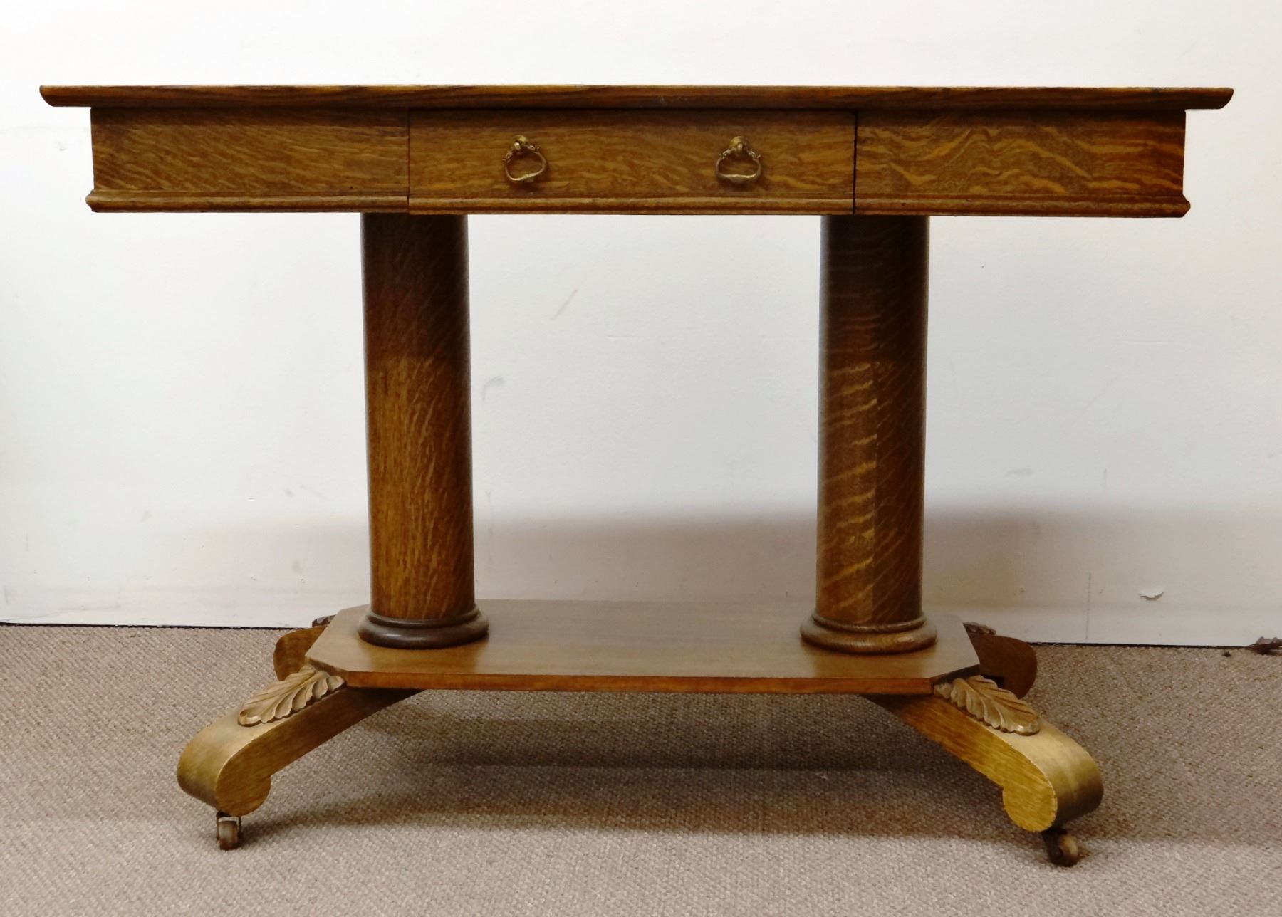 Library Table Foot Fancy oak library table, twin pedestals, appliques on feet, 26