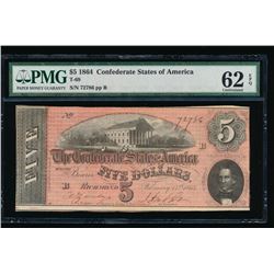 1864 $5 Confederate States of America Note PMG 62EPQ