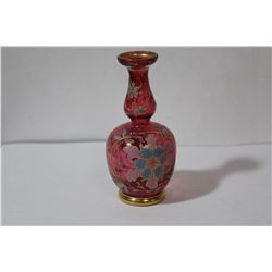 A Handpainted Cranberry Glass Vase