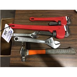 PTA CANADA  18" 12"  PIPE WRENCHES, BALL PEEN HAMMER AND 2 CRESCENT WRENCHES