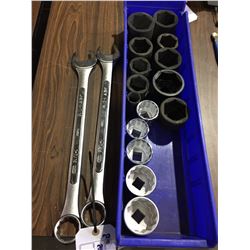 ASSORTED 3/4" & 1" IMPACT SOCKETS, 2 JET 1-7/8" COMBINATION WRENCHES AND MORE