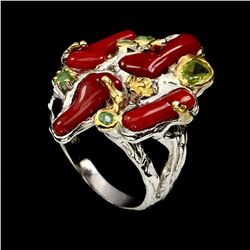 Natural Hand Made 12x5mm Red Coral Emerald Peridot Ring