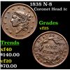 Image 1 : 1838 N-8 Coronet Head Large Cent 1c Grades vf+