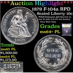 ***Auction Highlight*** 1879 F-104a RPD Seated Liberty Dime 10c Graded Choice Unc+ PL By USCG (fc)