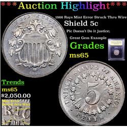 ***Auction Highlight*** 1866 Rays Mint Error Struck Thru Wire Shield Nickel 5c Graded GEM Unc By USC