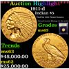 Image 1 : ***Auction Highlight*** 1911-d Gold Indian Half Eagle $5 Graded Select Unc By USCG (fc)