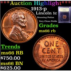 ***Auction Highlight*** 1913-p Lincoln Cent 1c Graded GEM+ Unc RB BY USCG (fc)