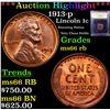 Image 1 : ***Auction Highlight*** 1913-p Lincoln Cent 1c Graded GEM+ Unc RB BY USCG (fc)
