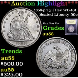 ***Auction Highlight*** 1858-p Ty I Rev WB-101 Seated Half Dollar 50c Graded Choice AU/BU Slider By 