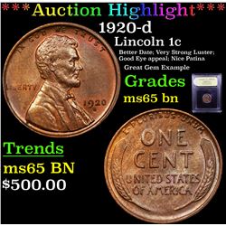 ***Auction Highlight*** 1920-d Lincoln Cent 1c Graded GEM Unc BN By USCG (fc)
