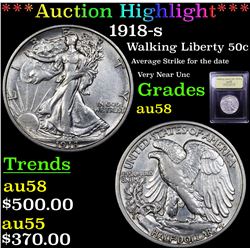 ***Auction Highlight*** 1918-s Walking Liberty Half Dollar 50c Graded Choice AU/BU Slider By USCG (f