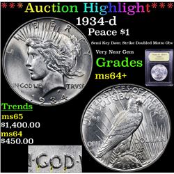 ***Auction Highlight*** 1934-d Peace Dollar $1 Graded Choice+ Unc BY USCG (fc)