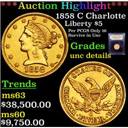 ***Auction Highlight*** 1858 C Charlotte Gold Liberty Half Eagle $5 Graded Unc Details By USCG (fc)