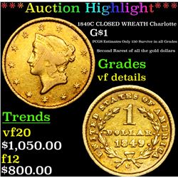 ***Auction Highlight*** 1849C CLOSED WREATH Charlotte Gold Dollar $1 Graded vf details BY USCG (fc)