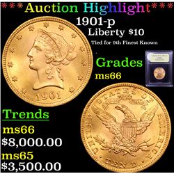 ***Auction Highlight*** 1901-p Gold Liberty Eagle $10 Graded GEM+ Unc By USCG (fc)