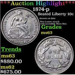 ***Auction Highlight*** 1874-p Seated Liberty Dime 10c Graded Select Unc By USCG (fc)