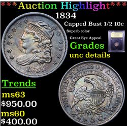 ***Auction Highlight*** 1834 Capped Bust Half Dime 1/2 10c Graded Unc Details By USCG (fc)