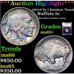***Auction Highlight*** 1913-d Ty I Rainbow Toned Buffalo Nickel 5c Graded GEM+ Unc By USCG (fc)