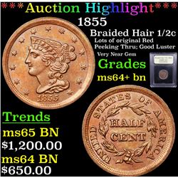***Auction Highlight*** 1855 Braided Hair Half Cent 1/2c Graded Choice+ Unc BN By USCG (fc)