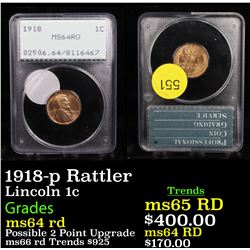 PCGS 1918-p Rattler Lincoln Cent 1c Graded ms64 rd By PCGS