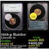 Image 1 : PCGS 1918-p Rattler Lincoln Cent 1c Graded ms64 rd By PCGS