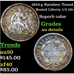 1854-p Rainbow Toned Seated Liberty Half Dime 1/2 10c Grades AU Details