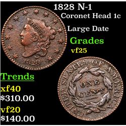 1828 N-1 Coronet Head Large Cent 1c Grades vf+