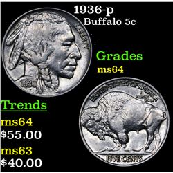 1936-p Buffalo Nickel 5c Grades Choice Unc