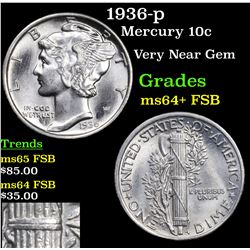 1936-p Mercury Dime 10c Grades Choice Unc+ FSB