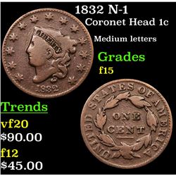 1832 N-1 Coronet Head Large Cent 1c Grades f+