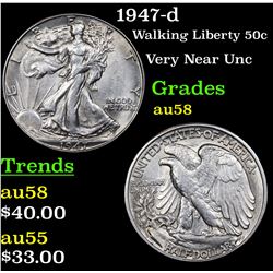 1947-d Walking Liberty Half Dollar 50c Grades Choice AU/BU Slider