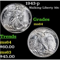 1943-p Walking Liberty Half Dollar 50c Grades Choice Unc