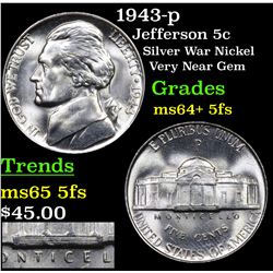 1943-p Jefferson Nickel 5c Grades Choice Unc+ 5fs