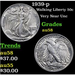 1939-p Walking Liberty Half Dollar 50c Grades Choice AU/BU Slider