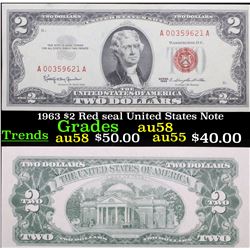 1963 $2 Red seal United States Note Grades Choice AU/BU Slider