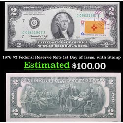 1976 $2 Federal Reserve Note 1st Day of Issue, with Stamp Grades Gem+ CU