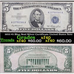 1953 $5 Blue Seal Silver Certificate United States Note Grades xf