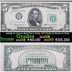1950E $5 Green Seal New York, NY Federal Reserve Note Grades Choice AU/BU Slider