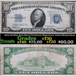 1934 $10 Blue Seal Silver Certificate Signatures Julian/Morgenthau Grades vf++