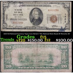 1929 $20 National Currency Type 1 Low Serial # 'The National State Bank OF Newark, NJ' Grades f+