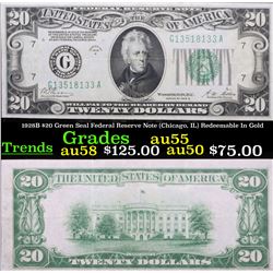 1928B $20 Green Seal Federal Reserve Note (Chicago, IL) Redeemable In Gold Grades Choice AU