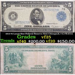 1914 $5 Large Size Federal Reserve Note Chicago,IL 7-G FR-871A Grades vf+